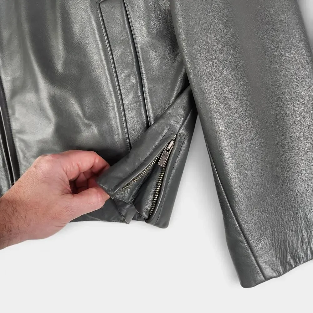Y2K Banana Republic Leather Bomber Jacket Mens Large Gray Biker Zip Vents Lined
